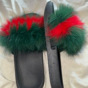 Luxurious Black Slippers with Red and Green Fur